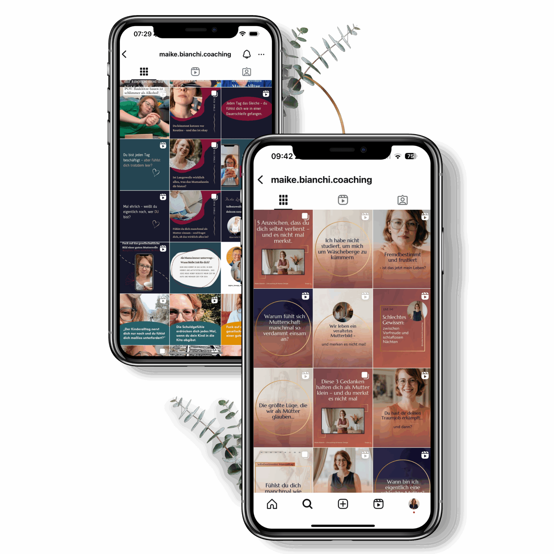 Vorher-Nachher-Ansicht eines Instagram-Feeds auf zwei Smartphones – links unruhiger, uneinheitlicher Feed ohne Branding, rechts professionell gestalteter Feed mit einheitlichem Design, starken Farben und klarer Markenwirkung – erstellt mit dem Instagram Contentpaket & Branding Paket für Coaches, Mentorinnen & Heilerinnen