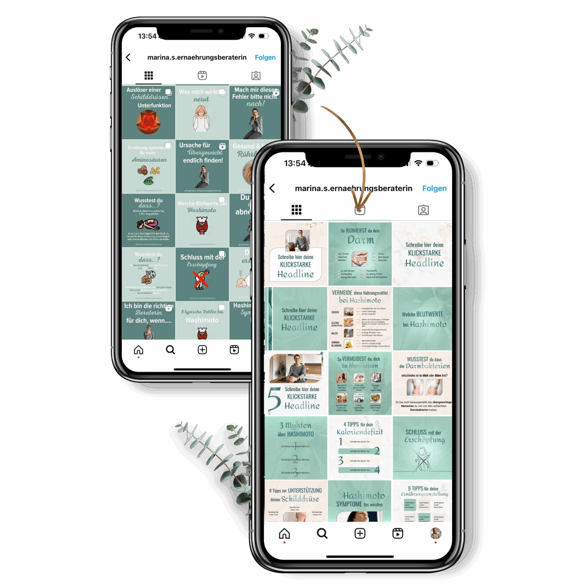 Vorher-Nachher-Ansicht eines Instagram-Feeds auf zwei Smartphones – links unruhiger, uneinheitlicher Feed ohne Branding, rechts professionell gestalteter Feed mit einheitlichem Design, starken Farben und klarer Markenwirkung – erstellt mit dem Instagram Contentpaket & Branding Paket für Coaches, Mentorinnen & Heilerinnen
