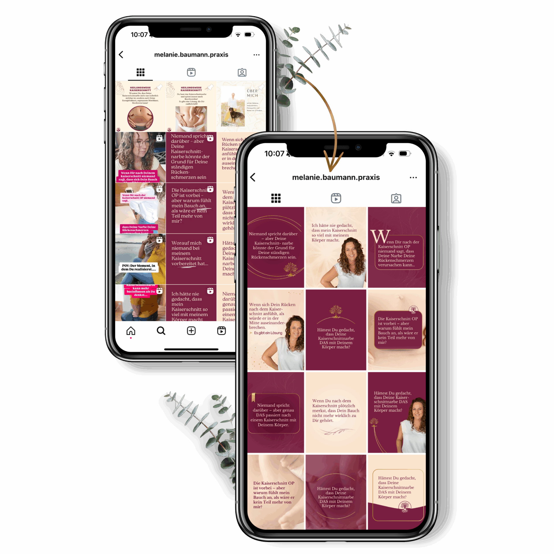 Vorher-Nachher-Ansicht eines Instagram-Feeds auf zwei Smartphones – links unruhiger, uneinheitlicher Feed ohne Branding, rechts professionell gestalteter Feed mit einheitlichem Design, starken Farben und klarer Markenwirkung – erstellt mit dem Instagram Contentpaket & Branding Paket für Coaches, Mentorinnen & Heilerinnen
