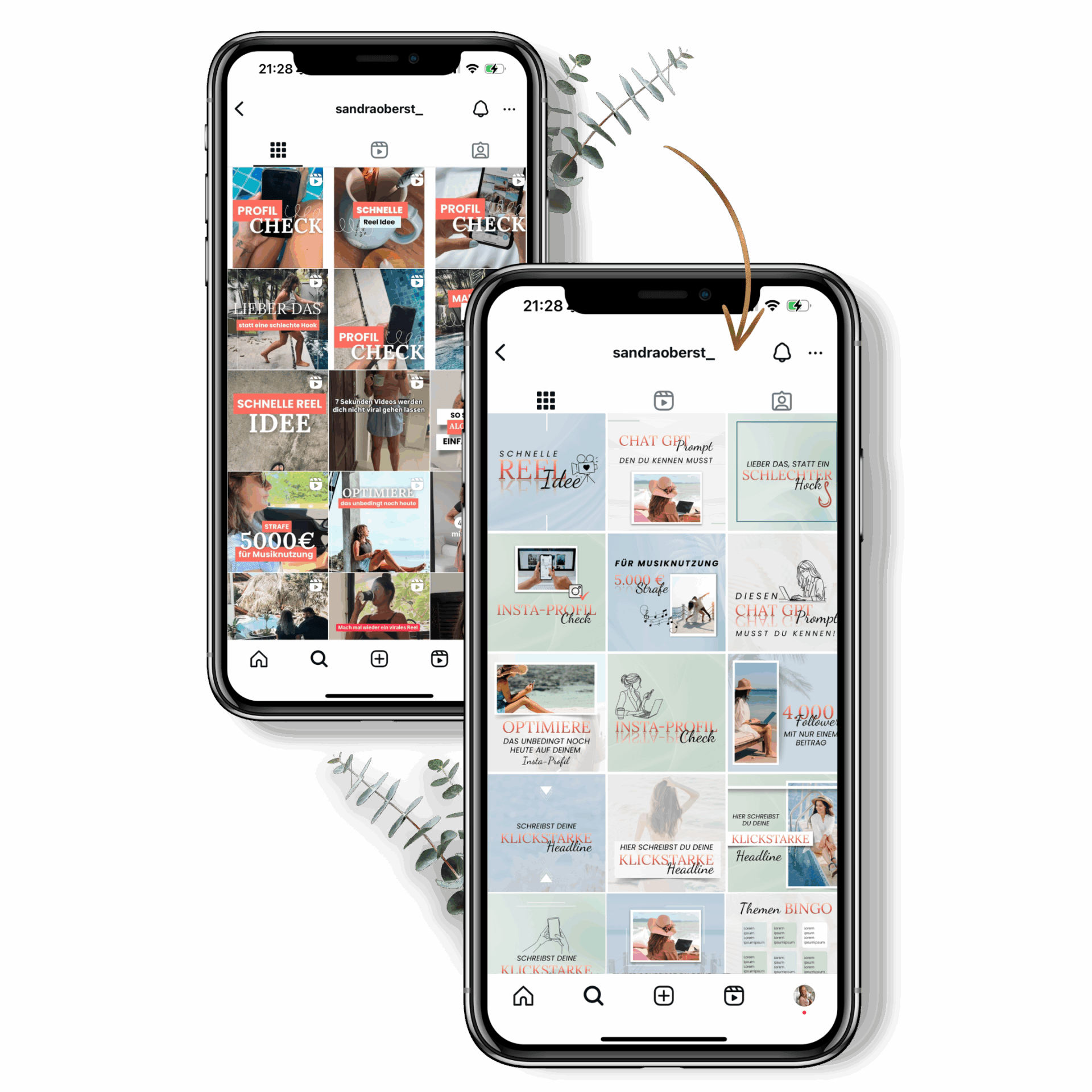 Vorher-Nachher-Ansicht eines Instagram-Feeds auf zwei Smartphones – links unruhiger, uneinheitlicher Feed ohne Branding, rechts professionell gestalteter Feed mit einheitlichem Design, starken Farben und klarer Markenwirkung – erstellt mit dem Instagram Contentpaket & Branding Paket für Coaches, Mentorinnen & Heilerinnen