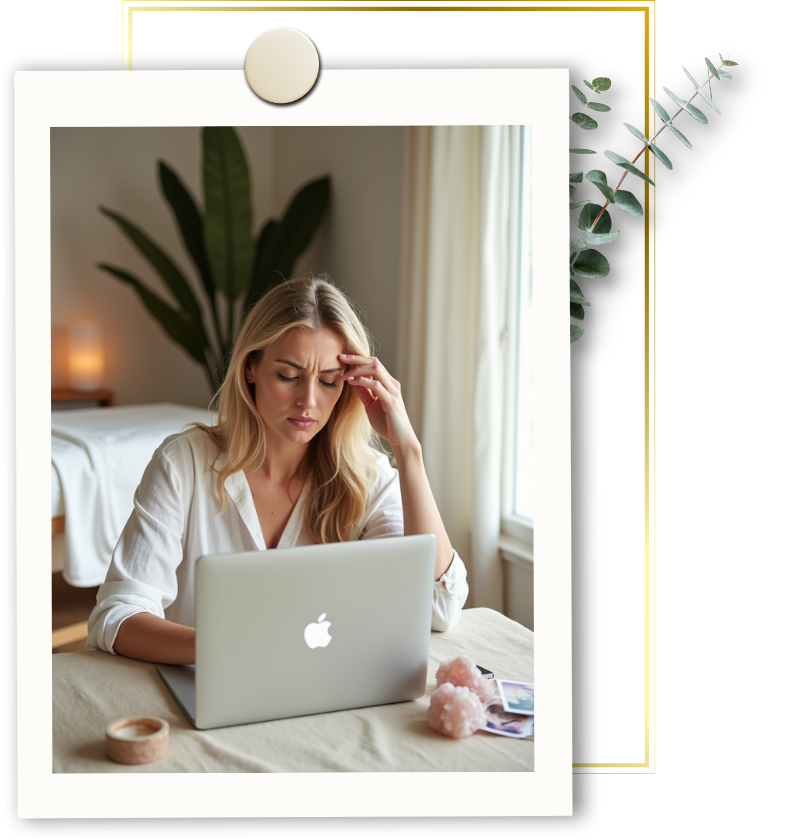 Instagram-Branding für Coachinnen – Bildsymbol für hochwertige Online-Präsenz Blonde Frau am Laptop in ästhetischem Praxisraum mit Edelsteinen und Praxisliege – symbolisiert überforderte Unternehmerinnen im Online-Business