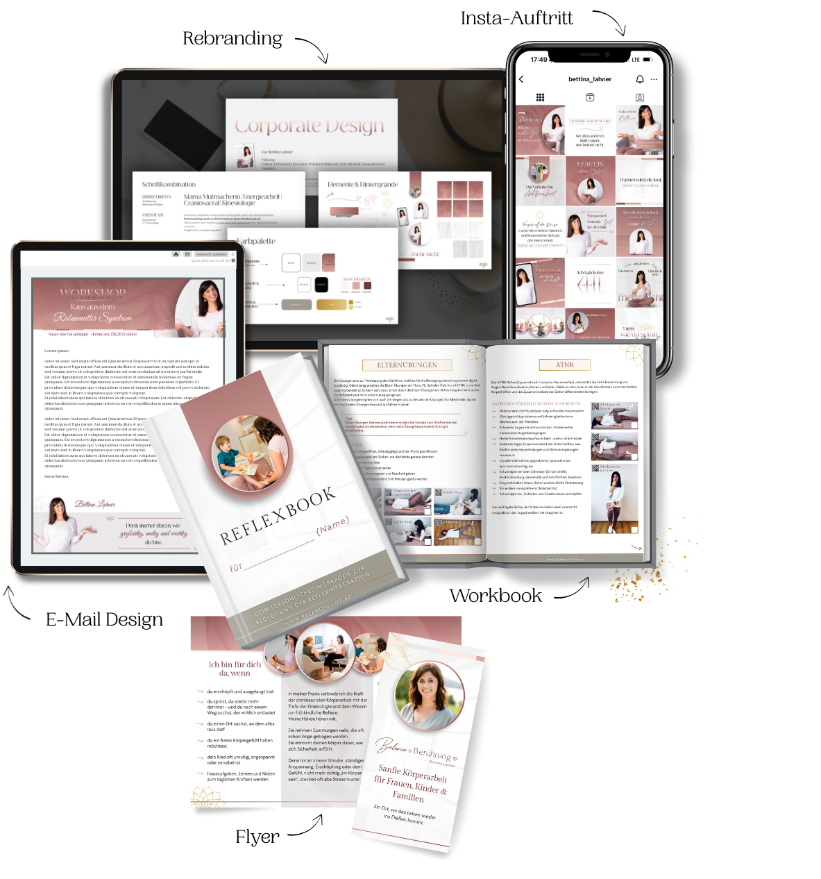 Branoura: Instagram Branding & Content Erstellung Mockup eines einheitlichen Corporate Designs für eine Personal Brand mit Branoura: Instagram-Feed, Branding-Board mit Farben und Schriften, Website-Ansichten, Workbook, Reflexbook, Flyer und Broschüre – alles in harmonischem Rosa-Beige-Braun-Farbschema.