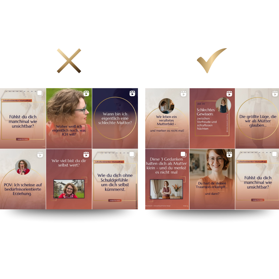 Professioneller Instagram Auftritt für Coaches Vivien Beck Mepapillibre Vorher-Nachher Vergleich Instagram Branding: links Selfmade-Fotos ohne Branding, rechts KI-Zwilling & Branoura Design-System für professionellen Auftritt“
