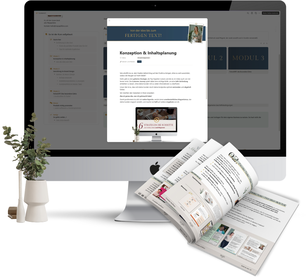 Mockup mit Einblick in das Kursmodul 1: Strategischer Aufbau eines PDF Lead-Magneten