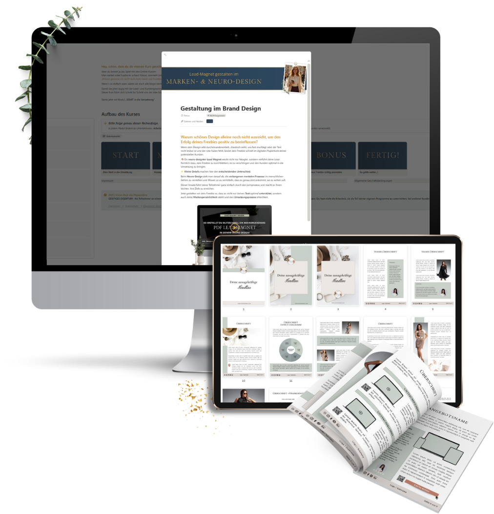 Mockup mit Einblick in das Kursmodul 2:  Lead-Magnet im Brand- und Neuro-Design gestalten