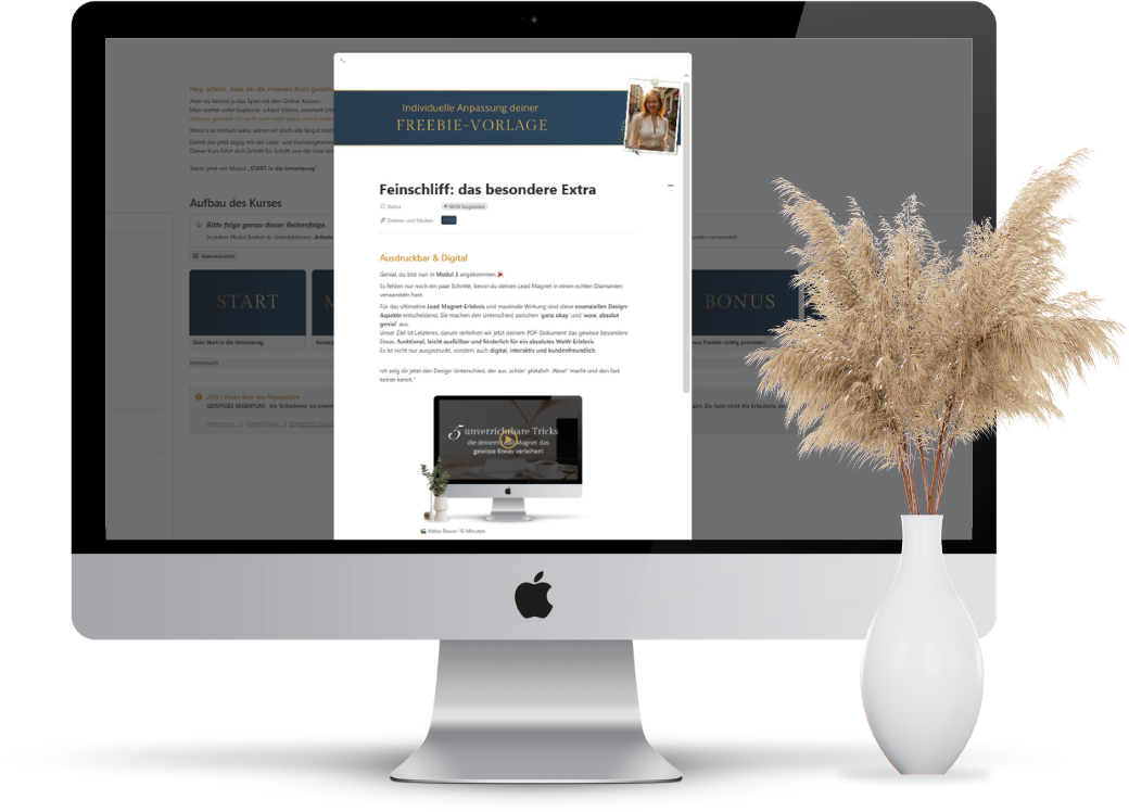Mockup mit Einblick in das Kursmodul 3: Das ultimative Content-Design-Geheimnis bei deinem PDF Lead-Magnet