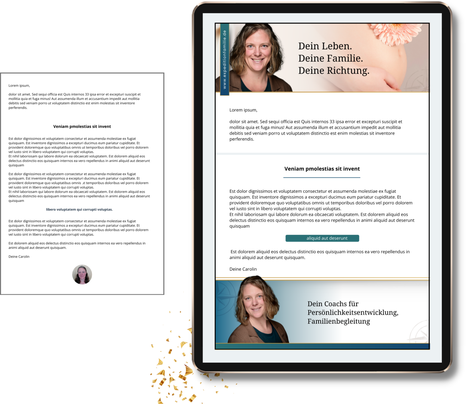 Newsletter-Design Header Footer E-Mail-Template Coaches: Professionelles Newsletter-Layout mit Branding Desktop Tablet – visuelles System von Mepapillibre