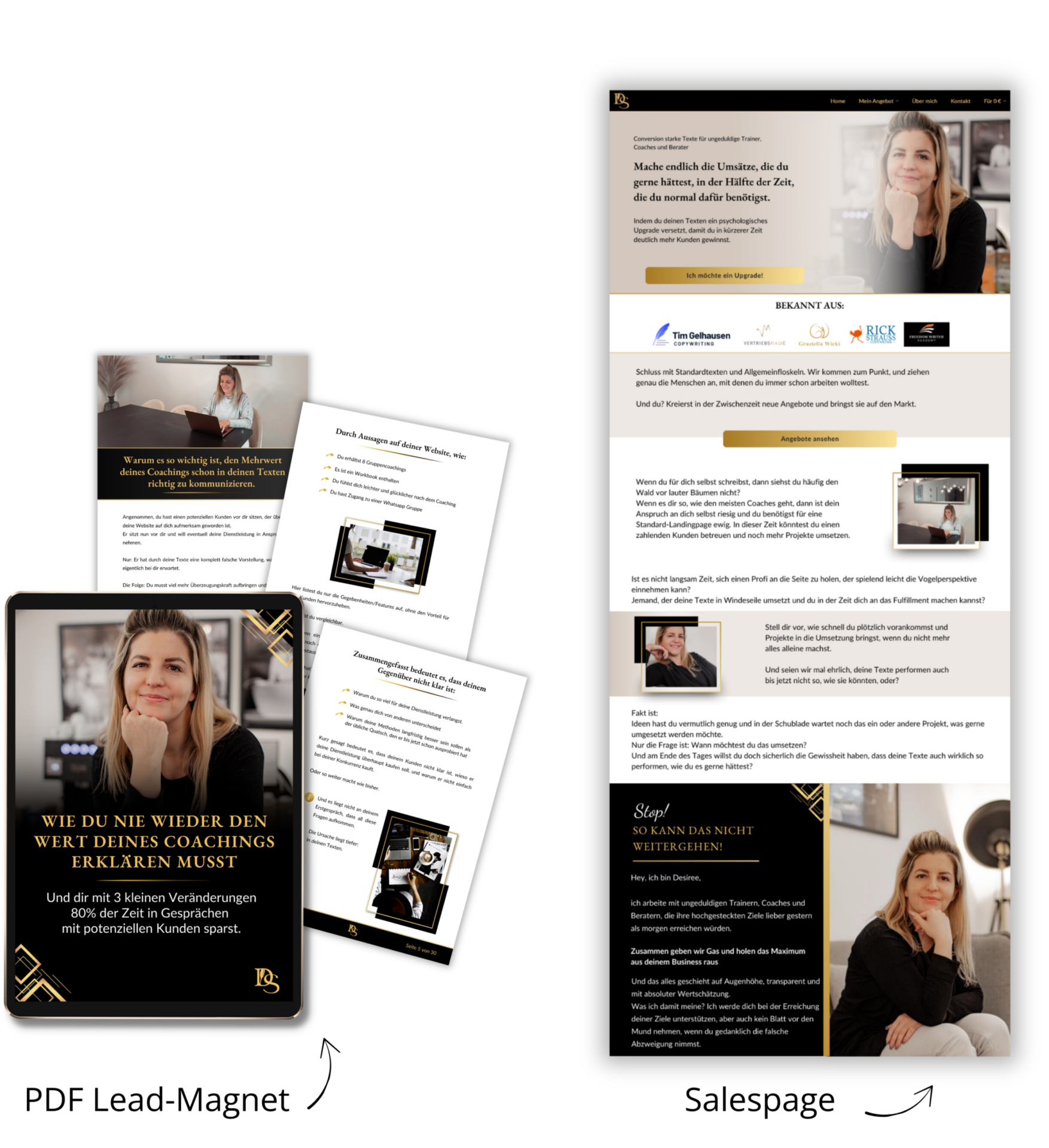 Salespage- und PDF-Lead-Magnet Design für Coaches und Dienstleister: Einblick in professionelle Verkaufsseite und PDF Lead-Magnet, verkaufsrelevante Formate von Mepapillibre