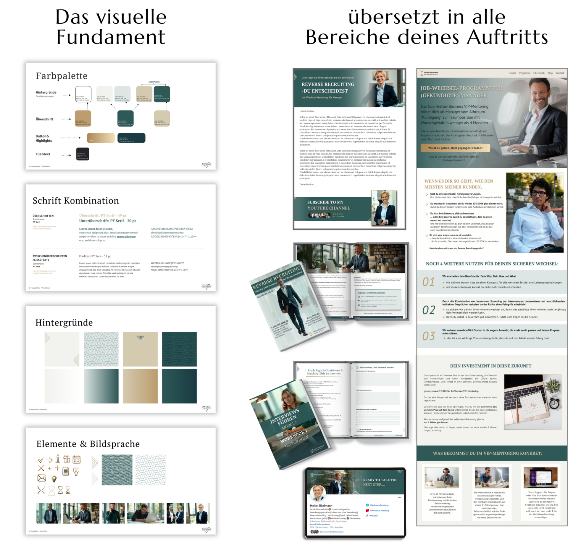 Visuelles Fundament für Coaches: Links Farbpalette, Schriftkombination, Hintergründe und Bildsprache – rechts übersetzt in alle Bereiche des Markenauftritts – von Mepapillibre