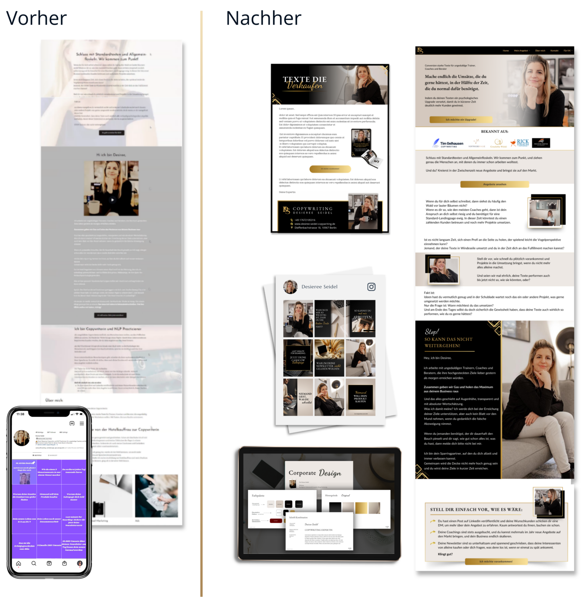 Marken-Transformation Vorher-Nachher: Links unstimmige, chaotische Design-Elemente, rechts professionelles Markensystem mit Newsletter-Design, Instagram-System, Salespage und visuellem Fundament – zeigt komplette Transformation für Coaches