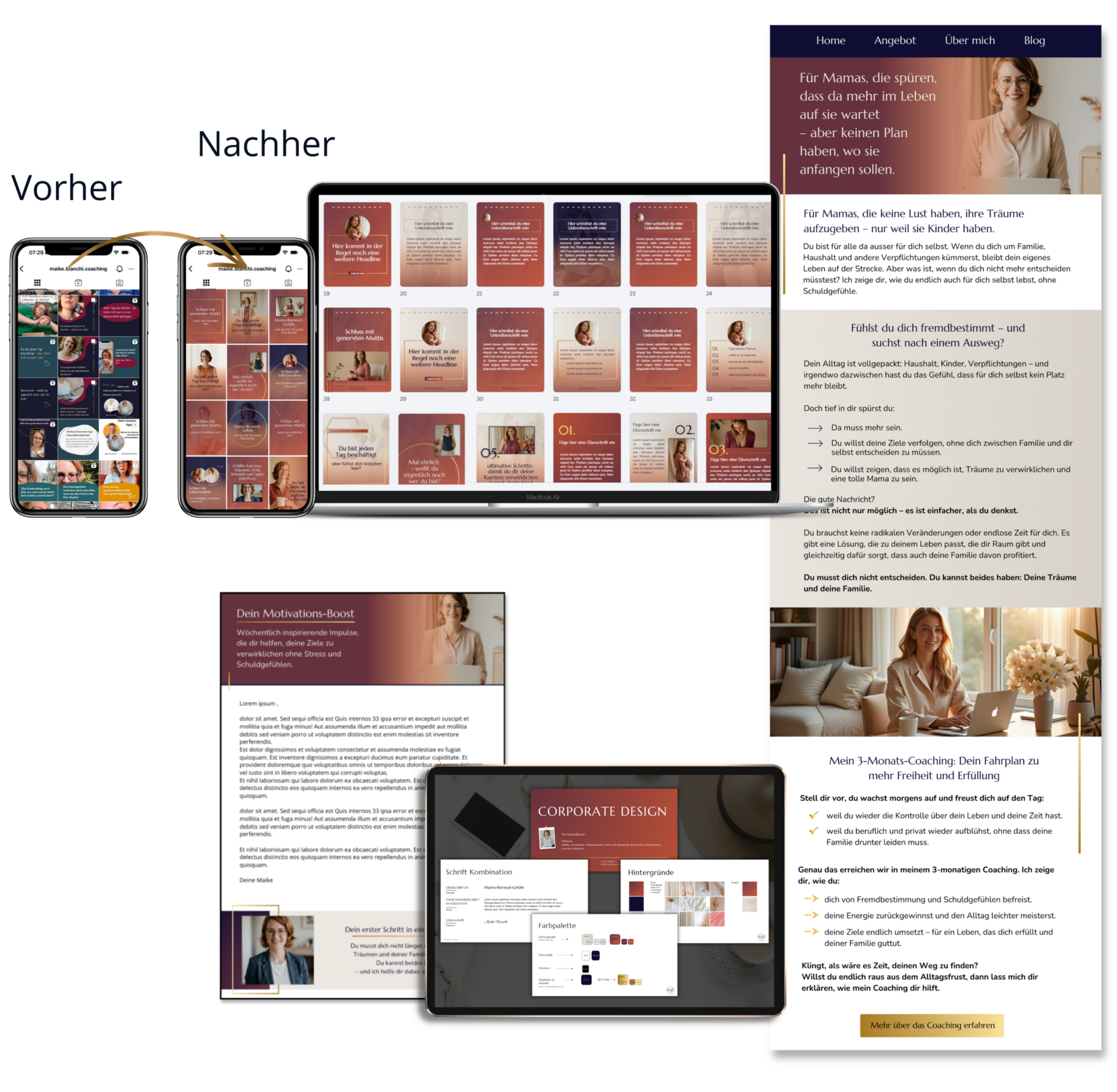 Vorher-Nachher Marken-Transformation: Links chaotische Instagram-Feeds ohne System, rechts professionelles Markensystem mit Instagram, Newsletter-Design, Salespage und visuellem Fundament – zeigt komplette Transformation für Coaches und Dienstleister